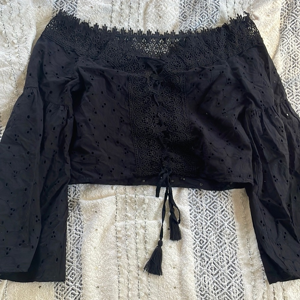 Surf Gypsy Black Crop Top, Lace Up, Eyelet, Lace Trim